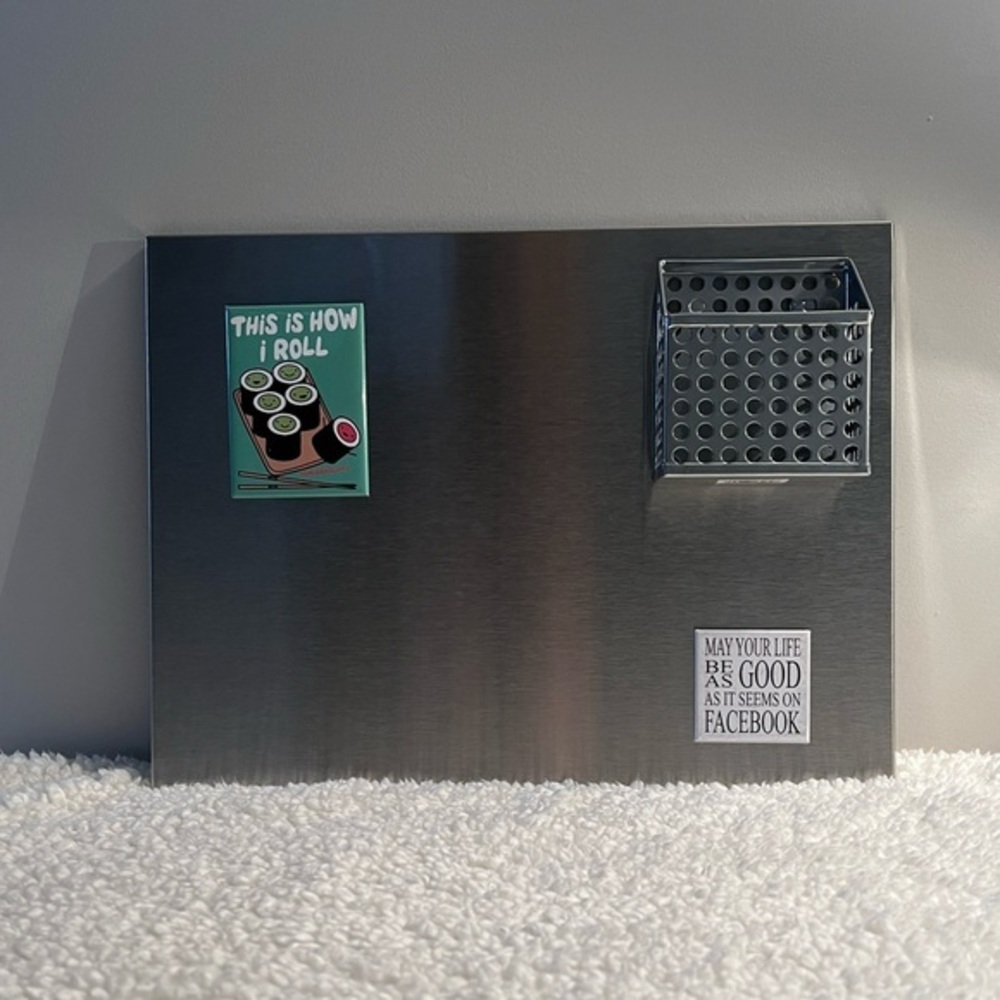 Kikkerland Stainless Magnetic Memo Board with Note Pen Pencil Holder